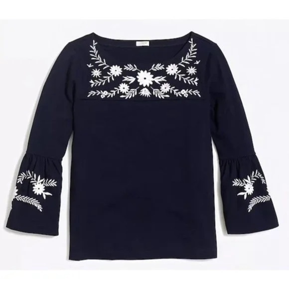 J.Crew Factory Women S Navy Blue Cotton Embroidered Boho Bell Sleeve Blouse - Picture 1 of 9